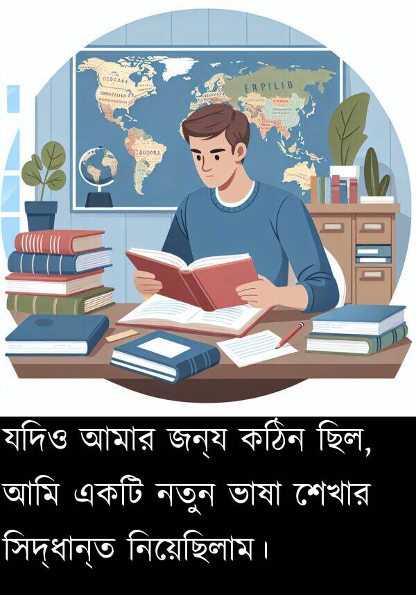 যদিও: যদিও আমার জন্য কঠিন ছিল, আমি একটি নতুন ভাষা শেখার সিদ্ধান্ত নিয়েছিলাম।