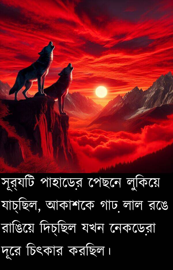 চিৎকার: সূর্যটি পাহাড়ের পেছনে লুকিয়ে যাচ্ছিল, আকাশকে গাঢ় লাল রঙে রাঙিয়ে দিচ্ছিল যখন নেকড়েরা দূরে চিৎকার করছিল।