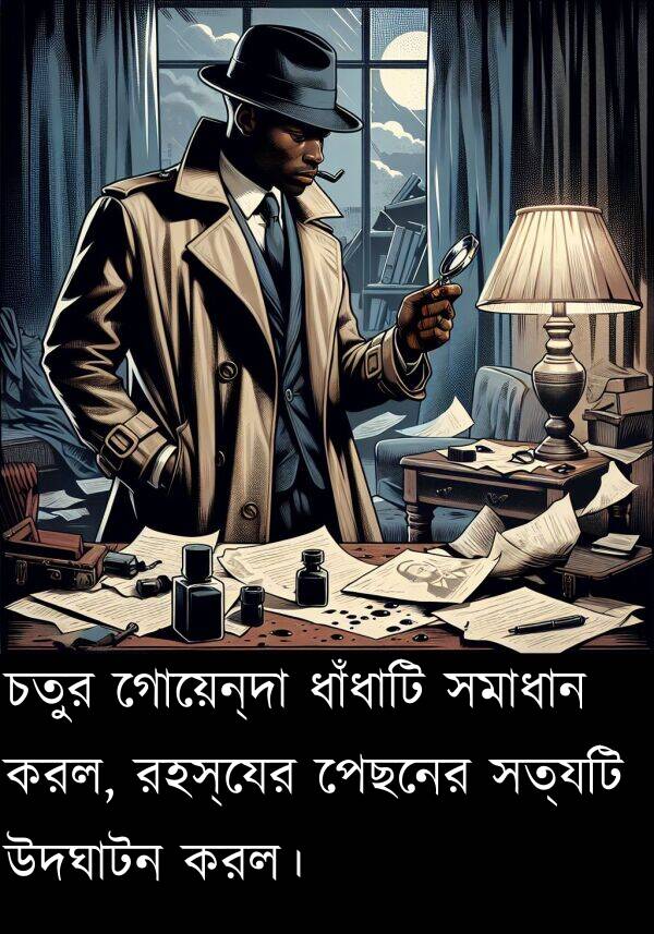 চতুর: চতুর গোয়েন্দা ধাঁধাটি সমাধান করল, রহস্যের পেছনের সত্যটি উদঘাটন করল।
