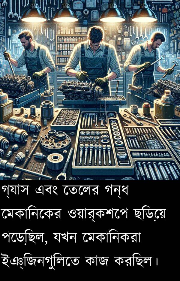 তেলের: গ্যাস এবং তেলের গন্ধ মেকানিকের ওয়ার্কশপে ছড়িয়ে পড়েছিল, যখন মেকানিকরা ইঞ্জিনগুলিতে কাজ করছিল।