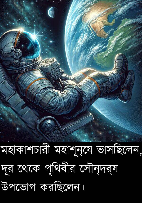 পৃথিবীর: মহাকাশচারী মহাশূন্যে ভাসছিলেন, দূর থেকে পৃথিবীর সৌন্দর্য উপভোগ করছিলেন।