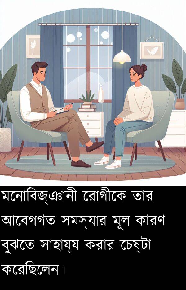 রোগীকে: মনোবিজ্ঞানী রোগীকে তার আবেগগত সমস্যার মূল কারণ বুঝতে সাহায্য করার চেষ্টা করেছিলেন।
