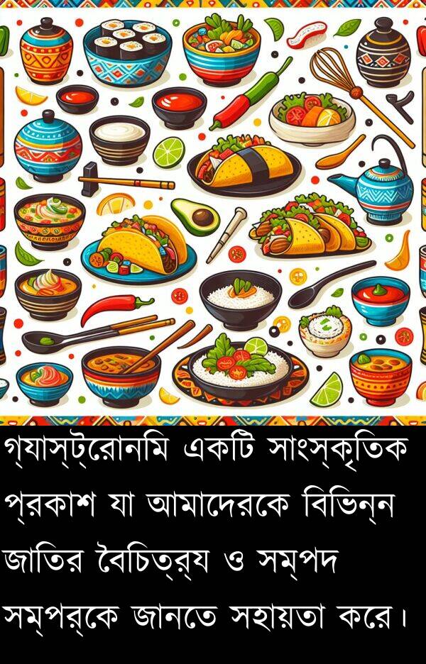 বিভিন্ন: গ্যাস্ট্রোনমি একটি সাংস্কৃতিক প্রকাশ যা আমাদেরকে বিভিন্ন জাতির বৈচিত্র্য ও সম্পদ সম্পর্কে জানতে সহায়তা করে।