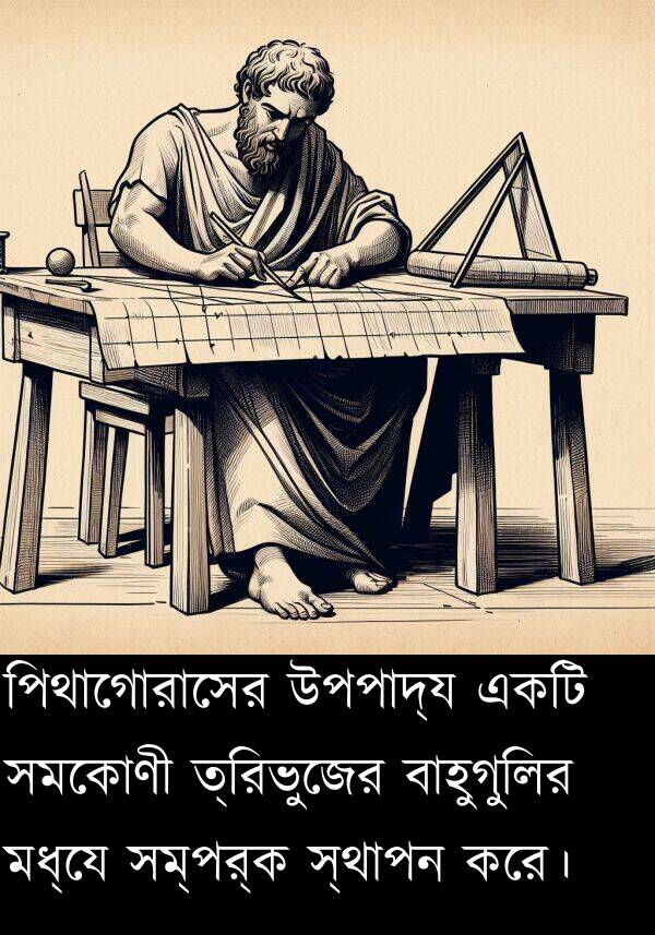 পিথাগোরাসের: পিথাগোরাসের উপপাদ্য একটি সমকোণী ত্রিভুজের বাহুগুলির মধ্যে সম্পর্ক স্থাপন করে।