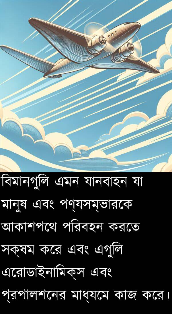 বিমানগুলি: বিমানগুলি এমন যানবাহন যা মানুষ এবং পণ্যসম্ভারকে আকাশপথে পরিবহন করতে সক্ষম করে এবং এগুলি এরোডাইনামিক্স এবং প্রপালশনের মাধ্যমে কাজ করে।