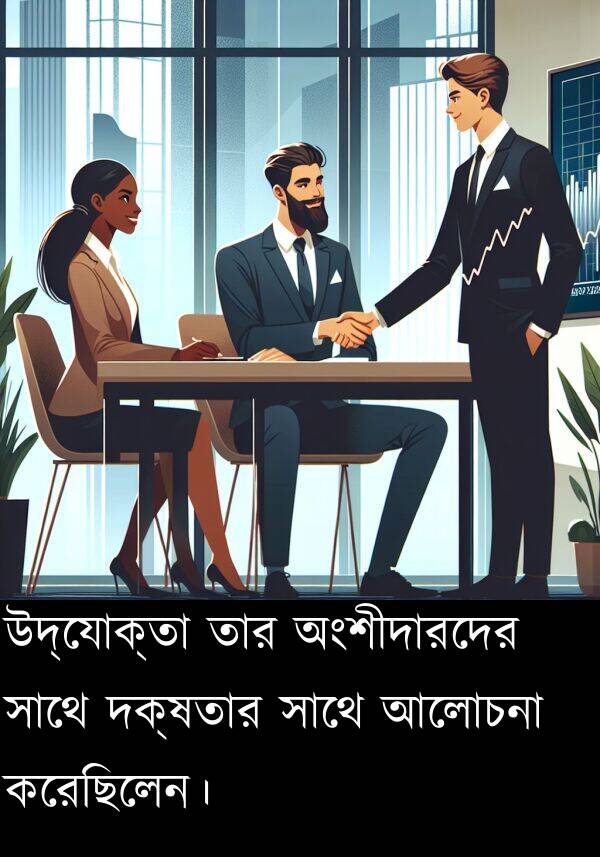 দক্ষতার: উদ্যোক্তা তার অংশীদারদের সাথে দক্ষতার সাথে আলোচনা করেছিলেন।