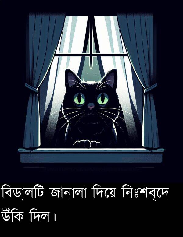 নিঃশব্দে: বিড়ালটি জানালা দিয়ে নিঃশব্দে উঁকি দিল।