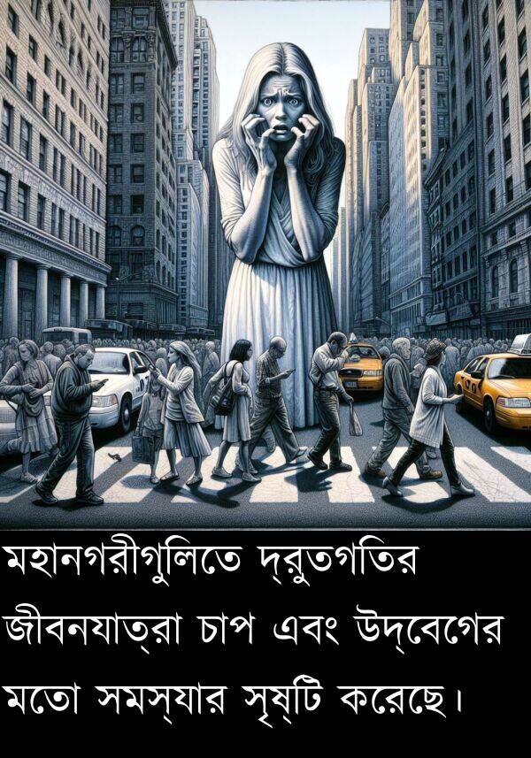 চাপ: মহানগরীগুলিতে দ্রুতগতির জীবনযাত্রা চাপ এবং উদ্বেগের মতো সমস্যার সৃষ্টি করেছে।