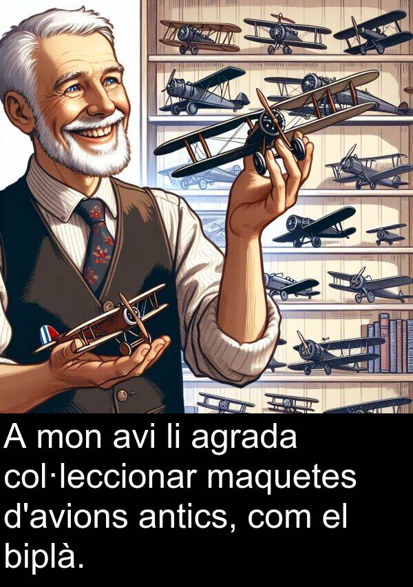 biplà: A mon avi li agrada col·leccionar maquetes d'avions antics, com el biplà.