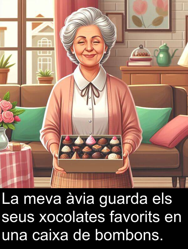 bombons: La meva àvia guarda els seus xocolates favorits en una caixa de bombons.