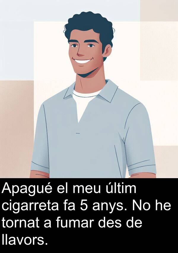 des: Apagué el meu últim cigarreta fa 5 anys. No he tornat a fumar des de llavors.