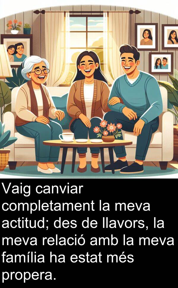 canviar: Vaig canviar completament la meva actitud; des de llavors, la meva relació amb la meva família ha estat més propera.