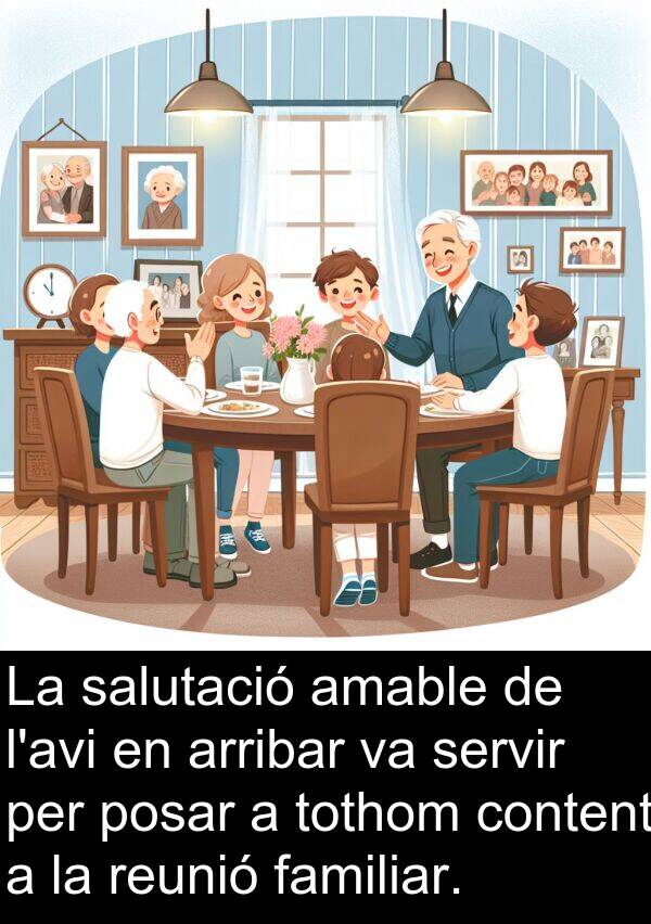 salutació: La salutació amable de l'avi en arribar va servir per posar a tothom content a la reunió familiar.