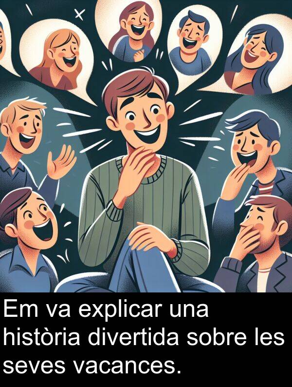 explicar: Em va explicar una història divertida sobre les seves vacances.