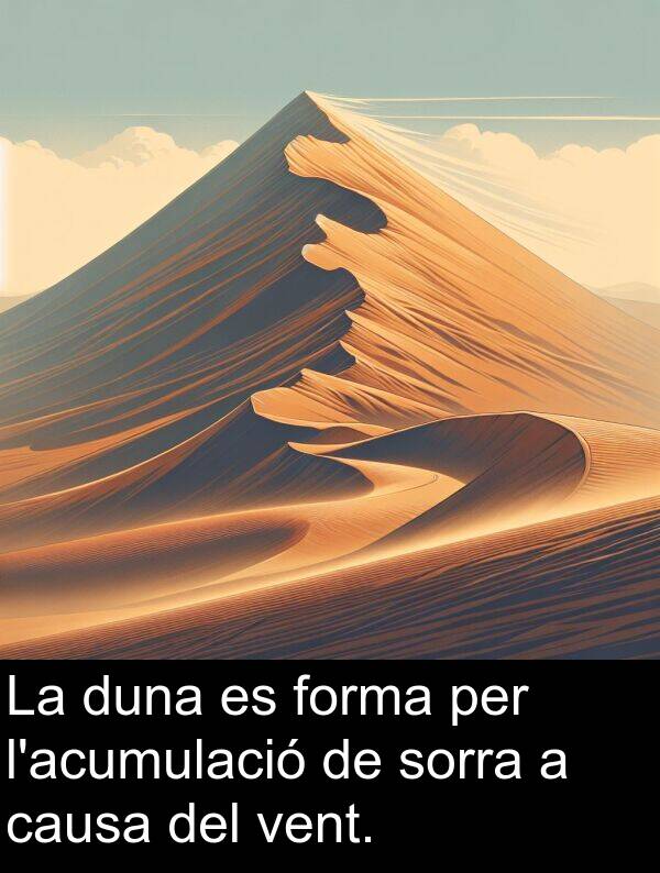 vent: La duna es forma per l'acumulació de sorra a causa del vent.