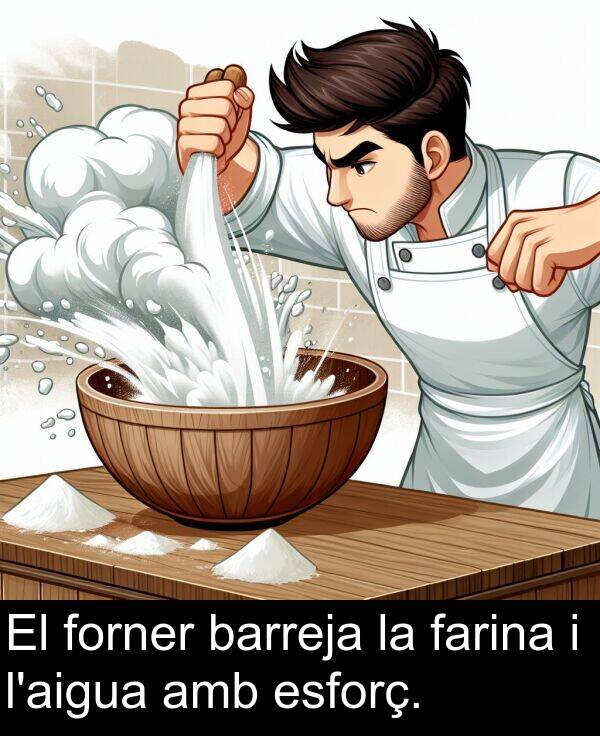 farina: El forner barreja la farina i l'aigua amb esforç.