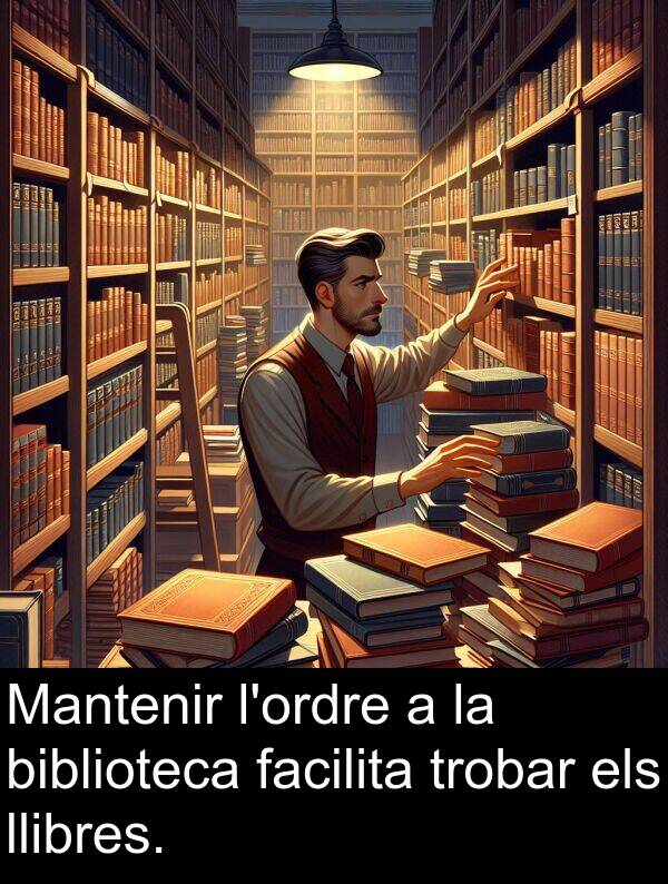 llibres: Mantenir l'ordre a la biblioteca facilita trobar els llibres.