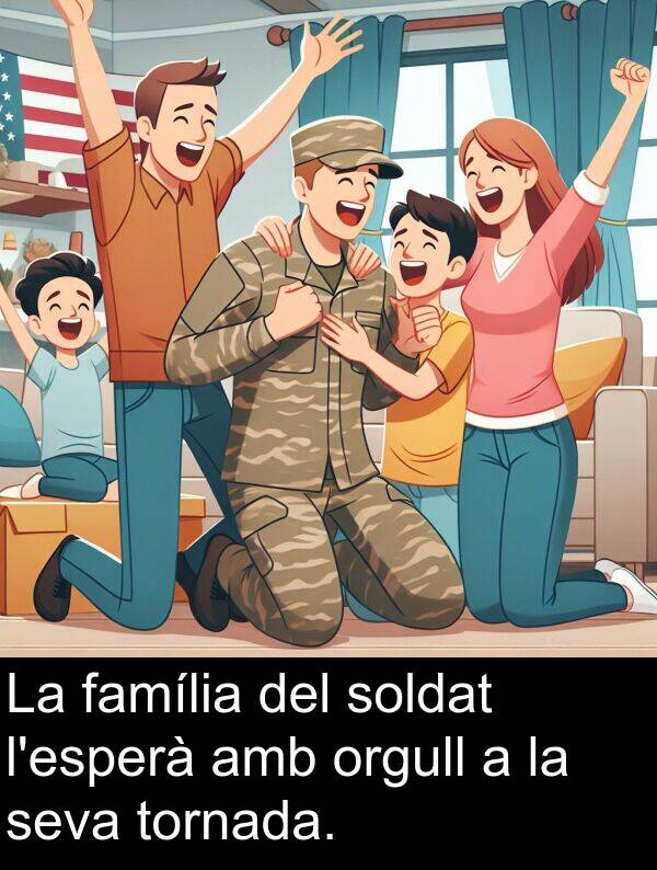 soldat: La família del soldat l'esperà amb orgull a la seva tornada.