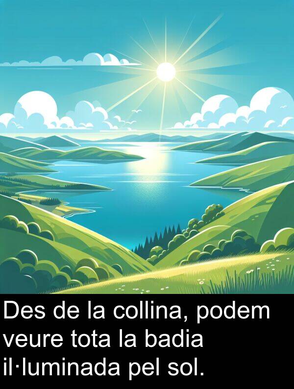 podem: Des de la collina, podem veure tota la badia il·luminada pel sol.