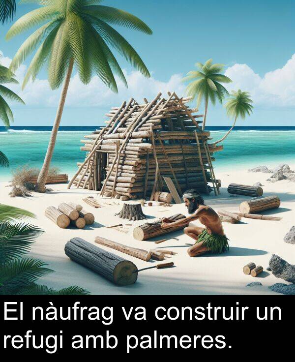 nàufrag: El nàufrag va construir un refugi amb palmeres.