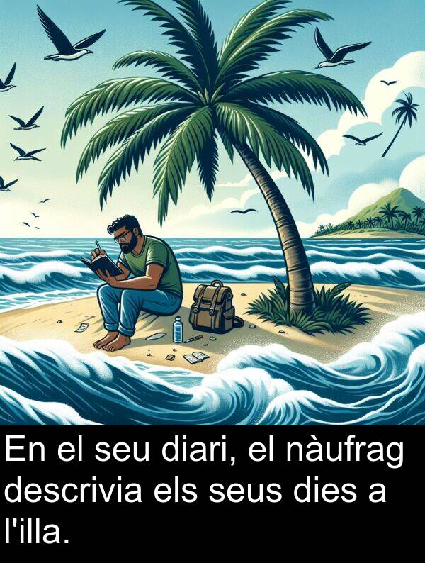 nàufrag: En el seu diari, el nàufrag descrivia els seus dies a l'illa.