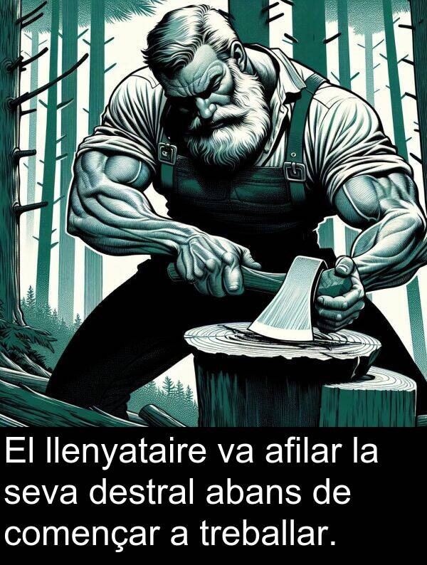 treballar: El llenyataire va afilar la seva destral abans de començar a treballar.