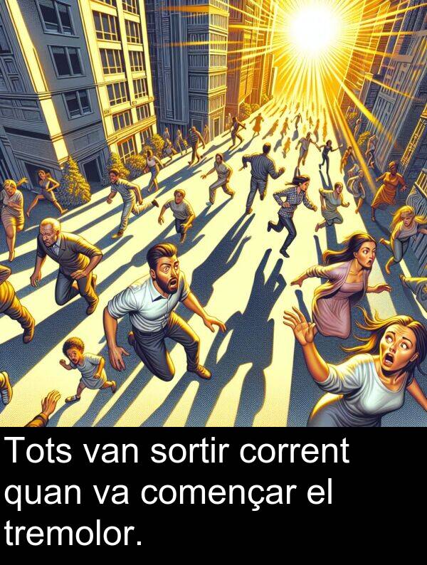 començar: Tots van sortir corrent quan va començar el tremolor.