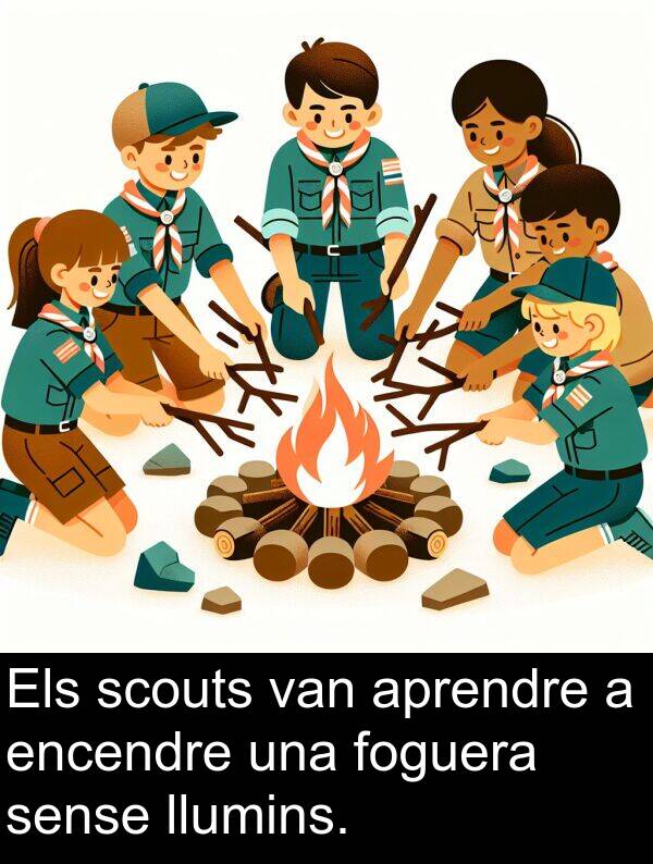 llumins: Els scouts van aprendre a encendre una foguera sense llumins.