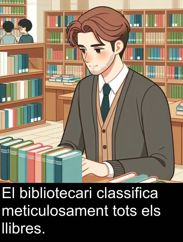 llibres: El bibliotecari classifica meticulosament tots els llibres.