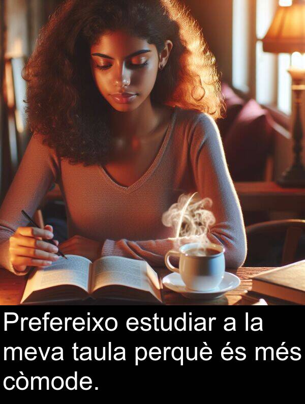 taula: Prefereixo estudiar a la meva taula perquè és més còmode.