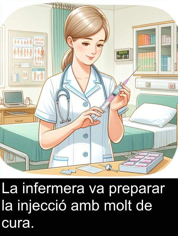cura: La infermera va preparar la injecció amb molt de cura.