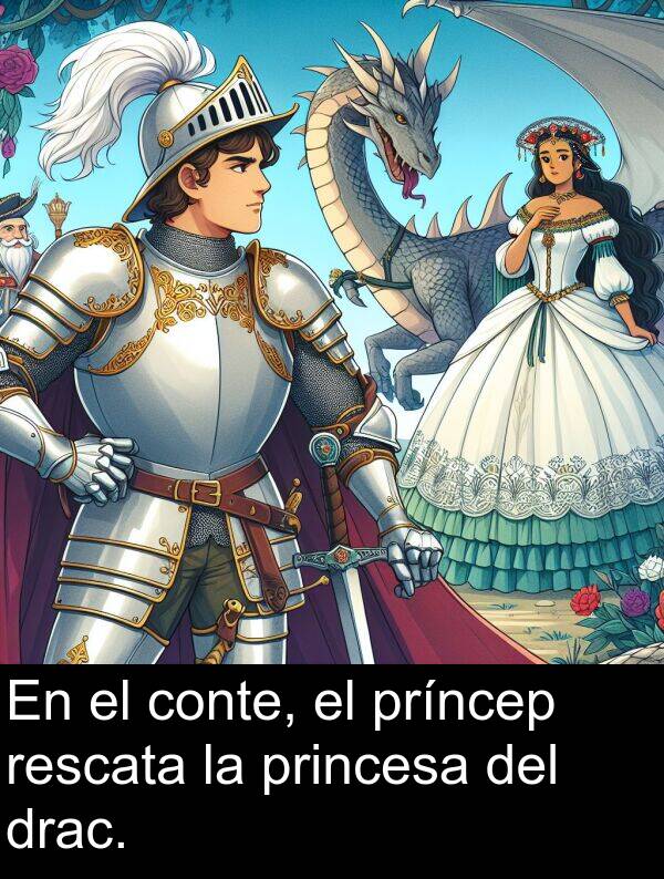 conte: En el conte, el príncep rescata la princesa del drac.