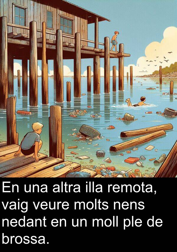 remota: En una altra illa remota, vaig veure molts nens nedant en un moll ple de brossa.