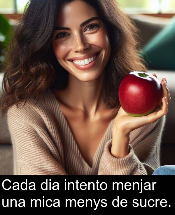 intento: Cada dia intento menjar una mica menys de sucre.