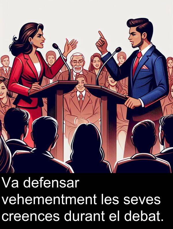 vehementment: Va defensar vehementment les seves creences durant el debat.