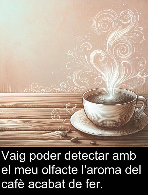 cafè: Vaig poder detectar amb el meu olfacte l'aroma del cafè acabat de fer.