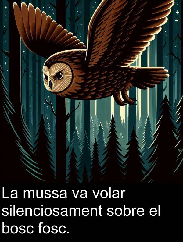 fosc: La mussa va volar silenciosament sobre el bosc fosc.