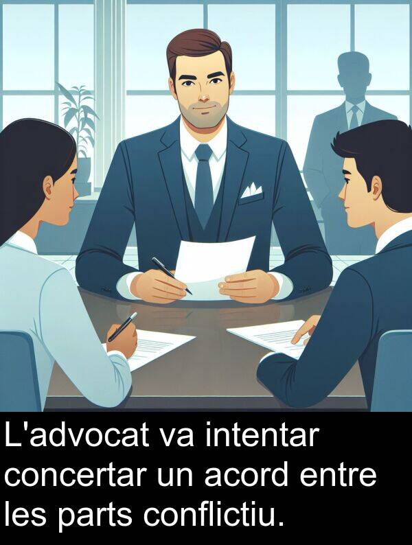 intentar: L'advocat va intentar concertar un acord entre les parts conflictiu.