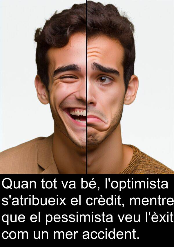 bé: Quan tot va bé, l'optimista s'atribueix el crèdit, mentre que el pessimista veu l'èxit com un mer accident.