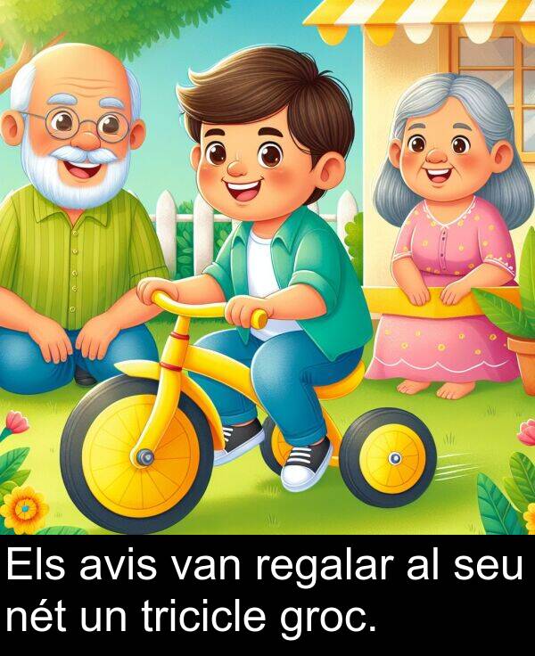 groc: Els avis van regalar al seu nét un tricicle groc.