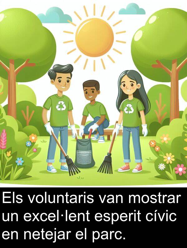 netejar: Els voluntaris van mostrar un excel·lent esperit cívic en netejar el parc.