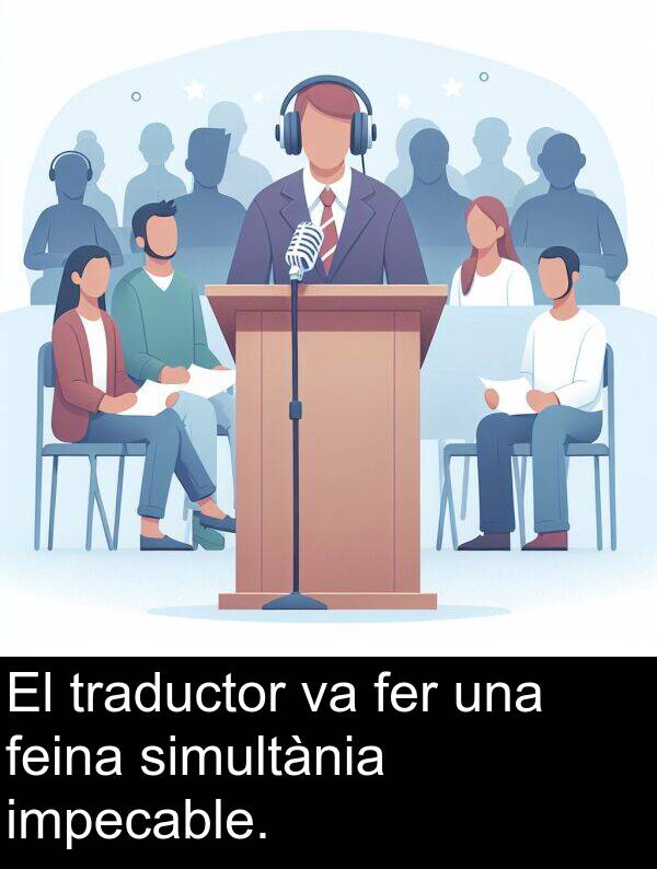 fer: El traductor va fer una feina simultània impecable.