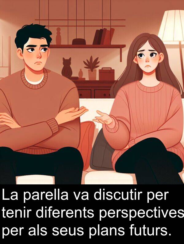 discutir: La parella va discutir per tenir diferents perspectives per als seus plans futurs.