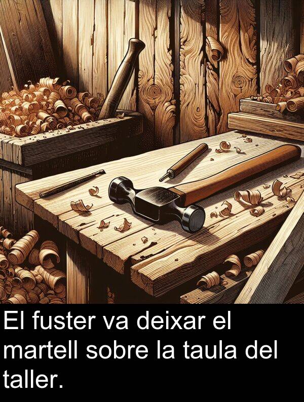 fuster: El fuster va deixar el martell sobre la taula del taller.