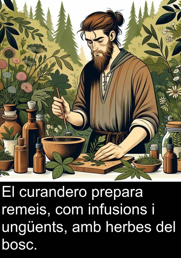 infusions: El curandero prepara remeis, com infusions i ungüents, amb herbes del bosc.