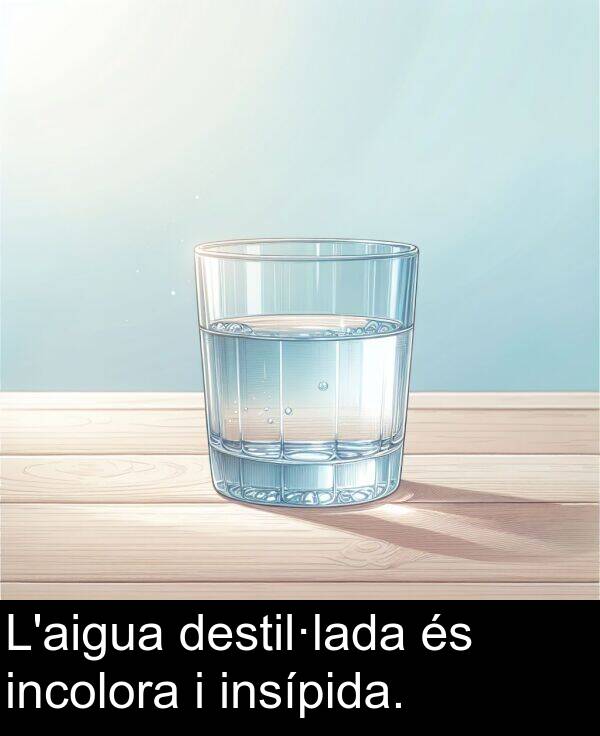 insípida: L'aigua destil·lada és incolora i insípida.