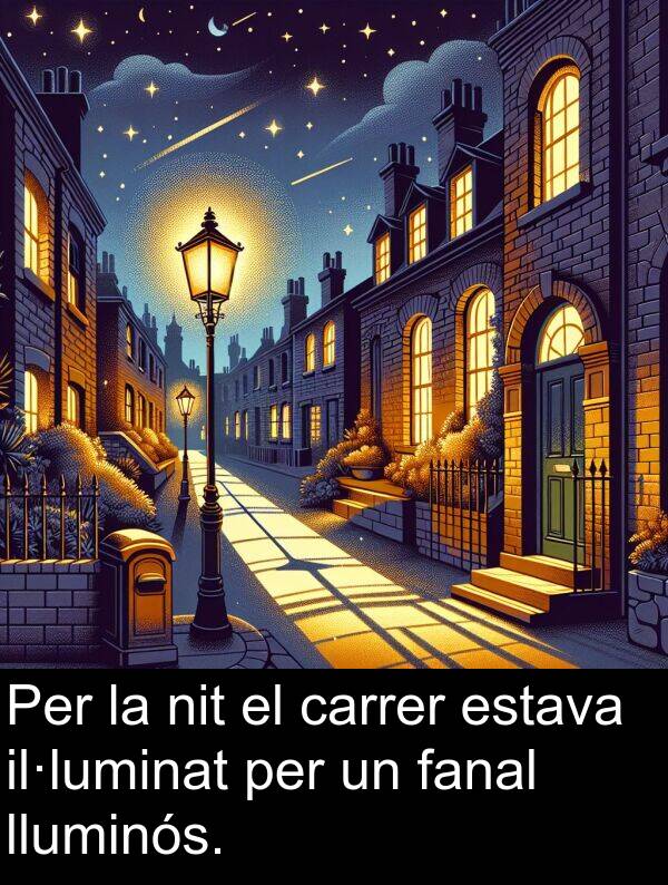 lluminós: Per la nit el carrer estava il·luminat per un fanal lluminós.