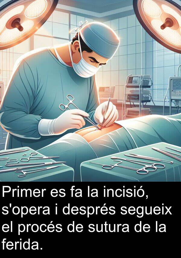 procés: Primer es fa la incisió, s'opera i després segueix el procés de sutura de la ferida.