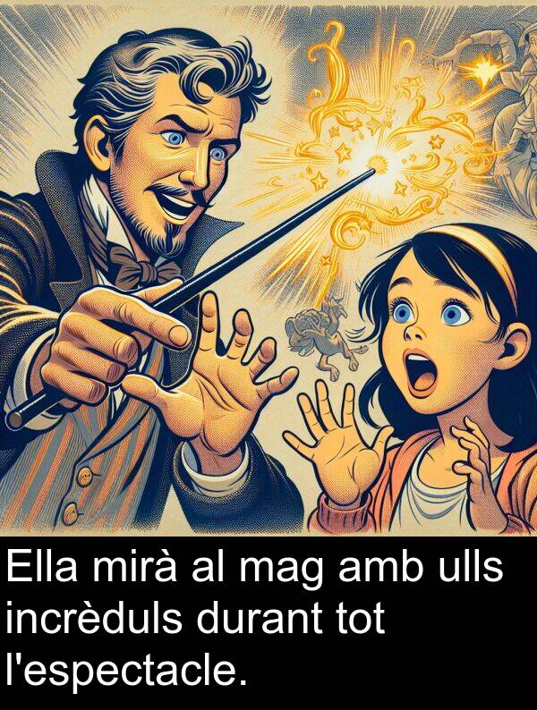 mirà: Ella mirà al mag amb ulls incrèduls durant tot l'espectacle.