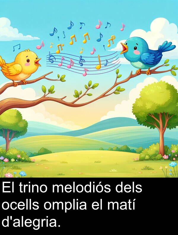 omplia: El trino melodiós dels ocells omplia el matí d'alegria.